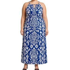INC International Concepts Blue White Damask Maxi Dress 1X Halter Sequin Coastal